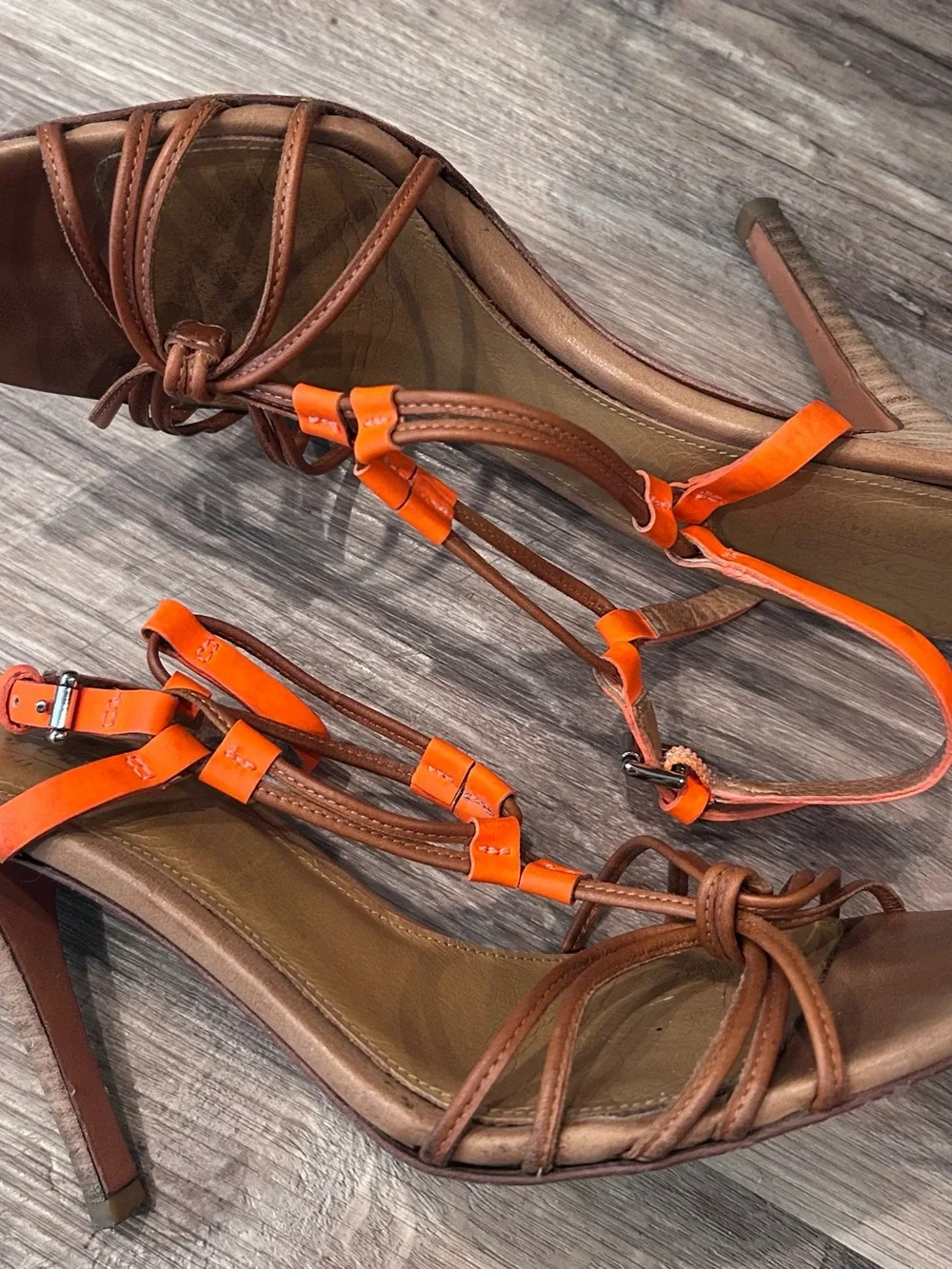 Coach Brown Leather Strappy Heels with Orange Fluorescent Accents